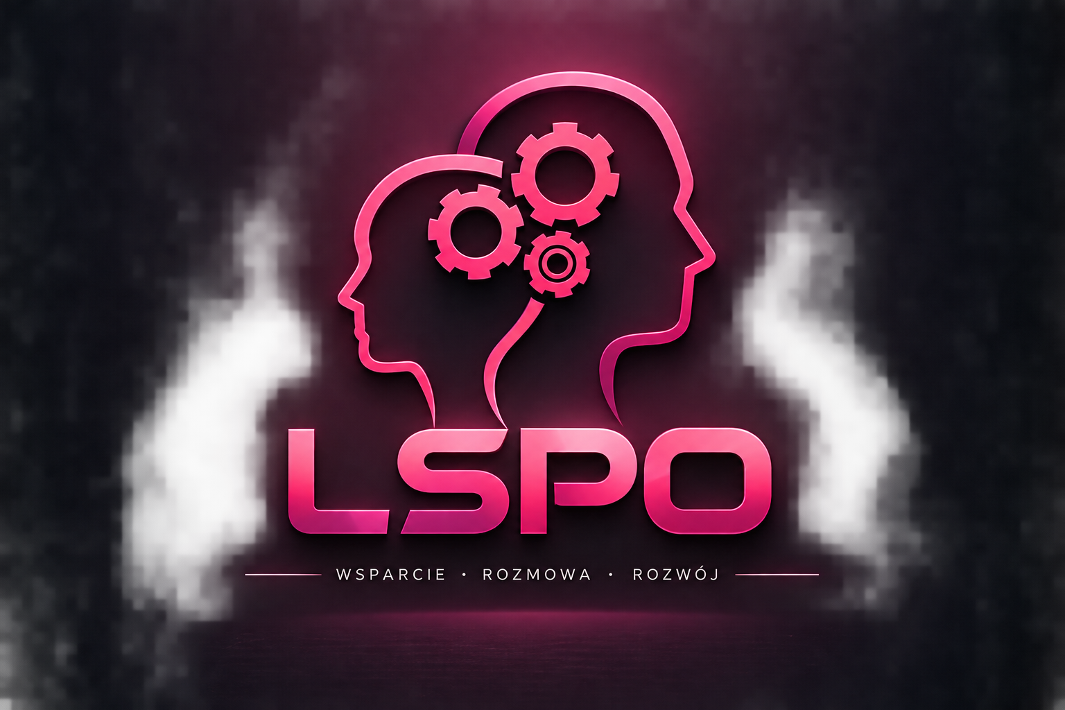 Logo LSPO: dwie sylwetki z trybikami, hasło Wsparcie, Rozmowa, Rozwój